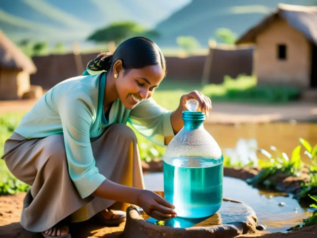 Una mujer en una comunidad rural llena cuidadosamente un jarro transparente con agua fresca de un pozo comunitario