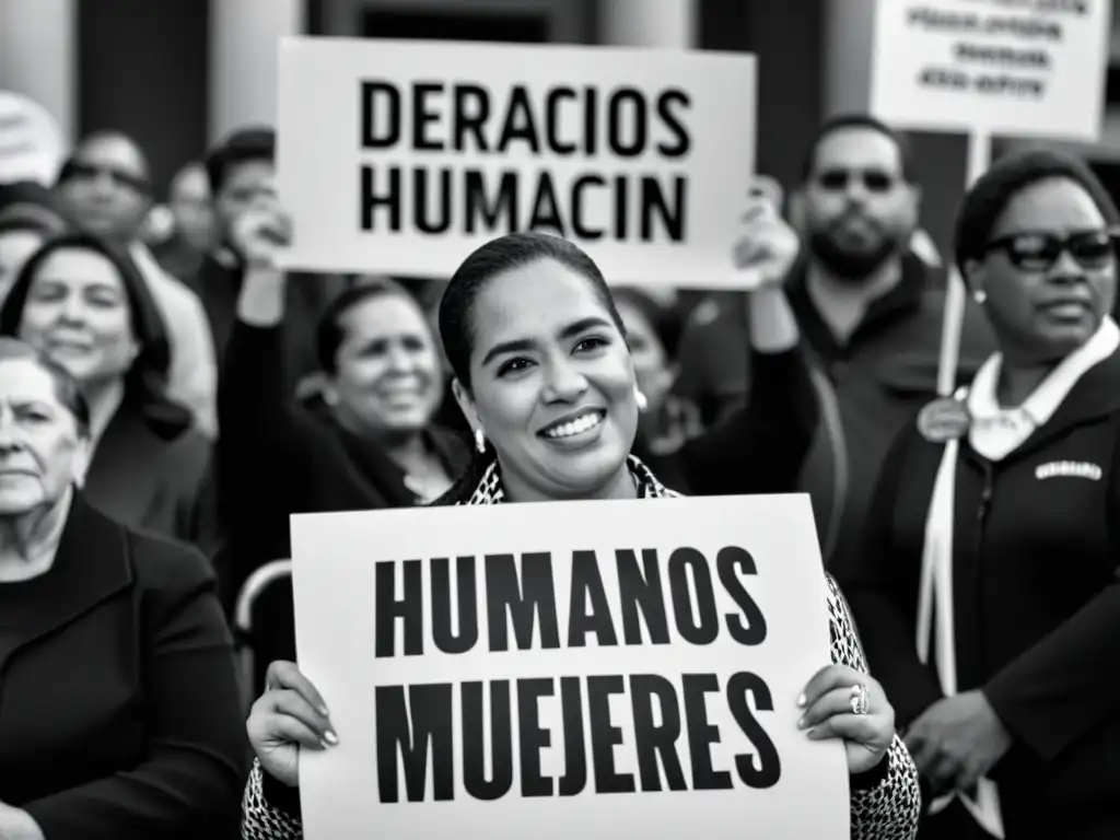 Una mujer con discapacidad sostiene un cartel que dice 'Derechos Humanos para Mujeres con Discapacidad' frente a una multitud solidaria