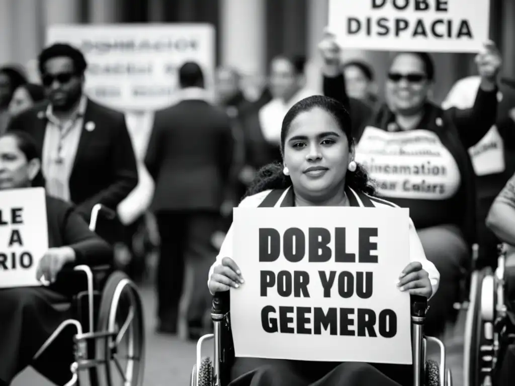 Una mujer con discapacidad en silla de ruedas sostiene un letrero en una marcha por 'Doble discriminación por discapacidad y género'