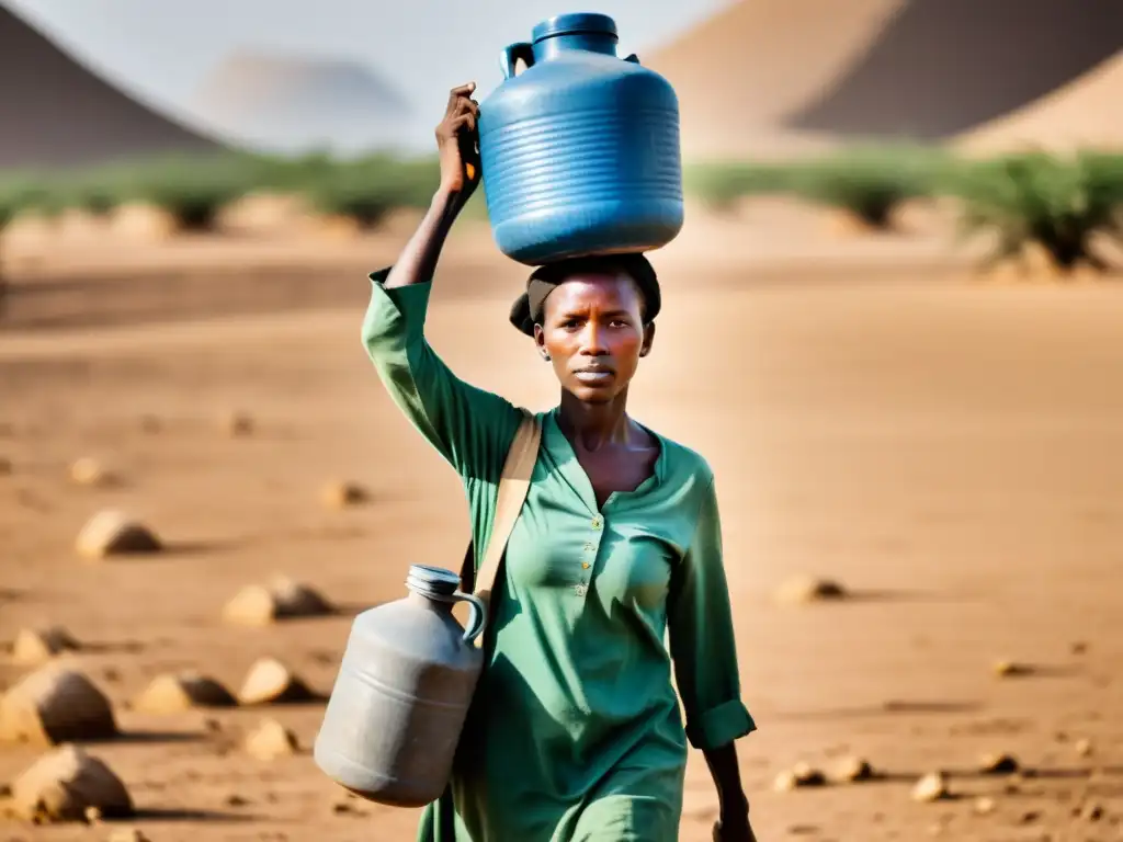 Una mujer fuerte y determinada lleva una jarra de agua en un paisaje árido, reflejando el impacto de género cambio climático