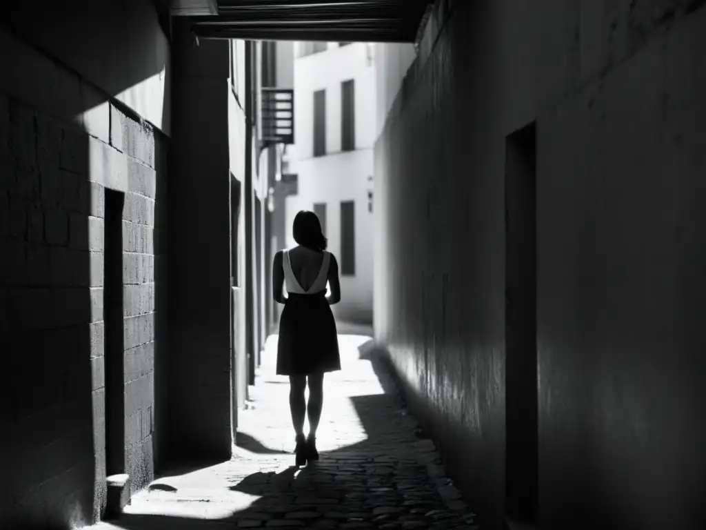 Una mujer fuerte y valiente en la penumbra de un callejón, simbolizando la lucha contra la violencia de género y la defensa de los derechos humanos