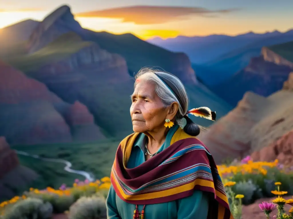 Resistencia: mujer indígena frente a la montaña Una mujer indígena con chal colorido se destaca ante un paisaje montañoso al atardecer