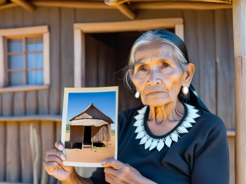 Una mujer indígena de edad sostiene una fotografía desgastada de su juventud, frente a una pequeña casa desgastada