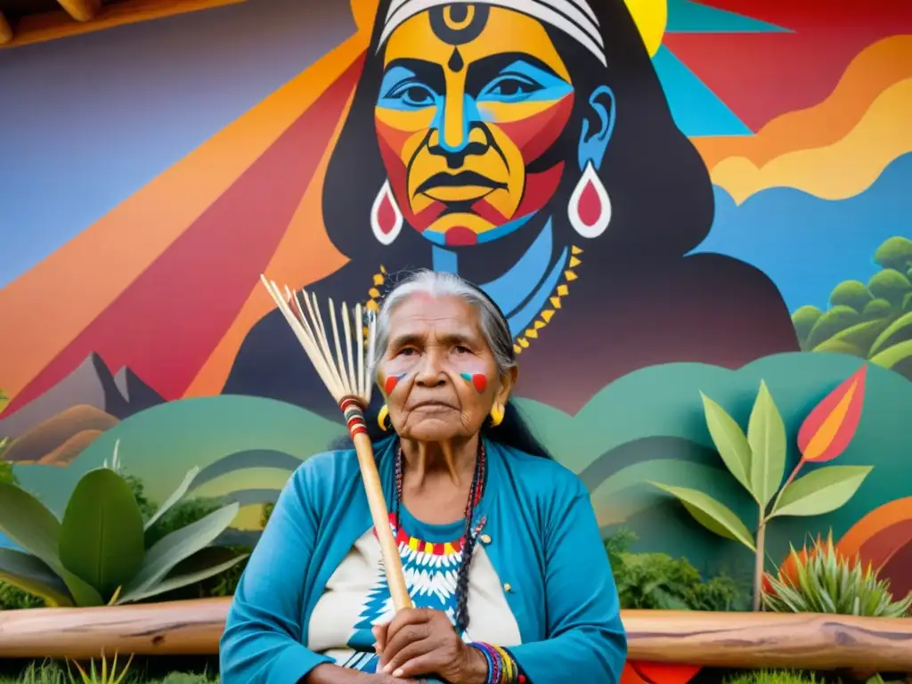 Una mujer indígena mayor frente a un mural colorido de resistencia y activismo indígena, con expresión determinada