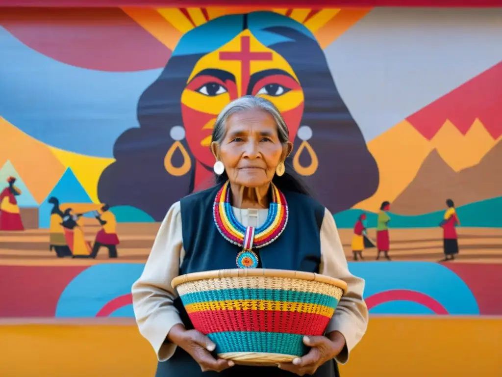 Una mujer indígena orgullosa frente a mural de resistencia y empoderamiento, reflejando derechos culturales mujeres en sociedades patriarcales