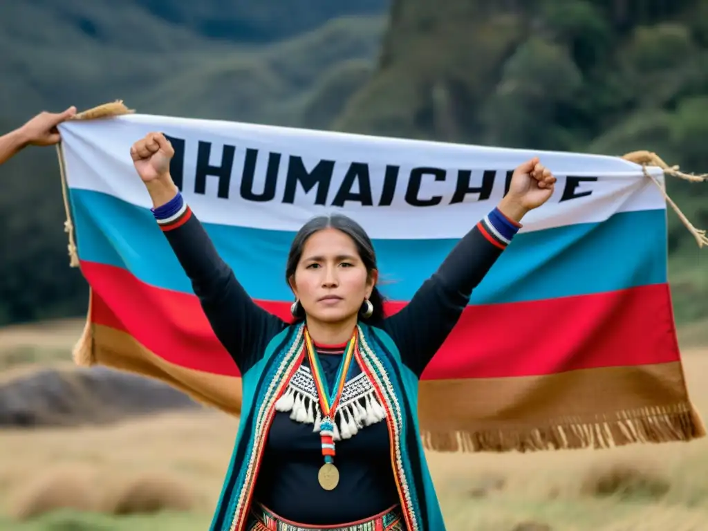 Una mujer Mapuche con tejido colorido, rodeada de activistas indígenas en lucha por los derechos humanos y la preservación de su cultura ancestral