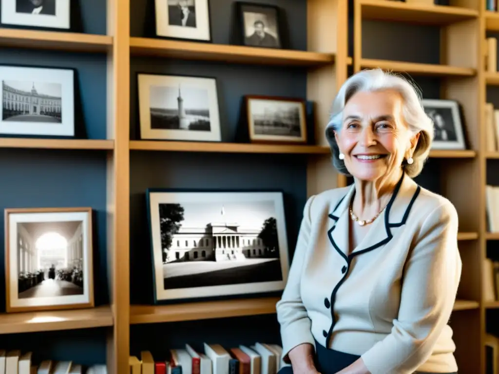 Una mujer mayor sonríe en su acogedora sala, rodeada de libros y fotos