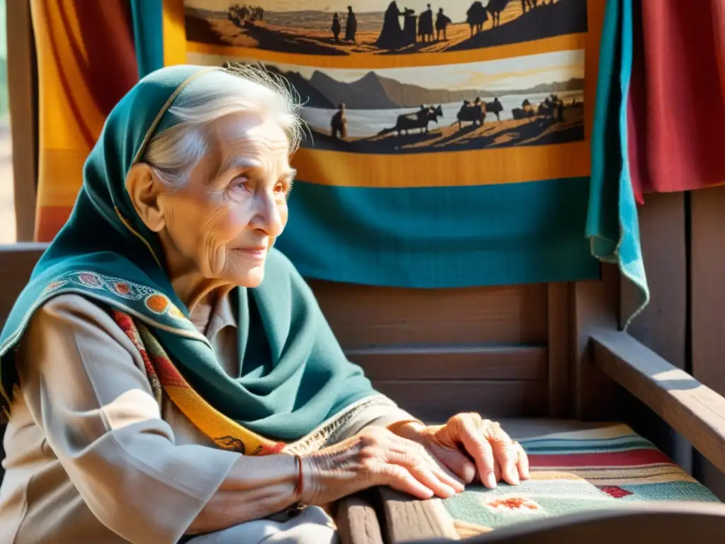 Tejedora de Historias: El legado de la guerra en un tapiz de resistencia Una mujer mayor teje una colorida tapicería, mientras fotos y recuerdos reflejan el impacto a largo plazo de conflictos olvidados