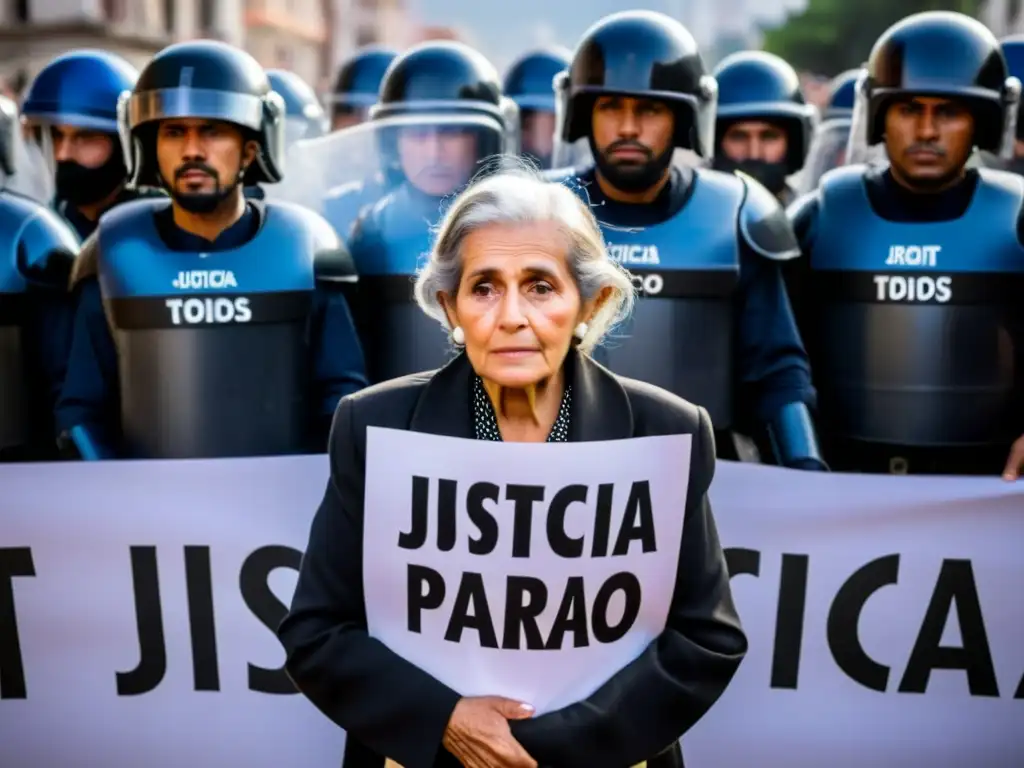 Una mujer mayor desafiante enfrenta la censura a movimientos sociales derechos, sosteniendo un letrero en medio de la tensión y la valentía