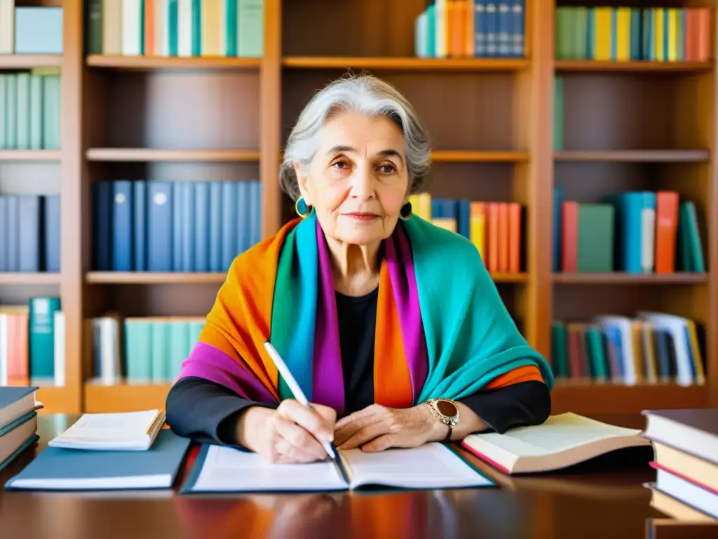 Una mujer mayor con determinación frente a un escritorio lleno de papeleo, rodeada de libros