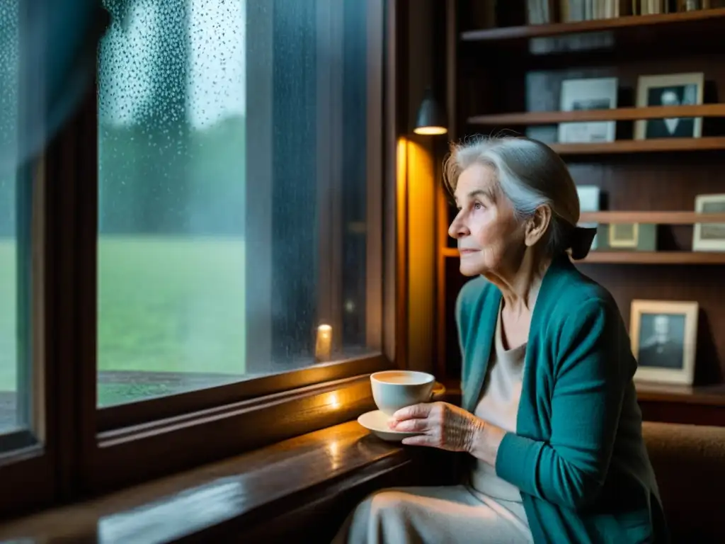 Una mujer mayor reflexiona en una habitación llena de libros y recuerdos familiares, sosteniendo una taza de té