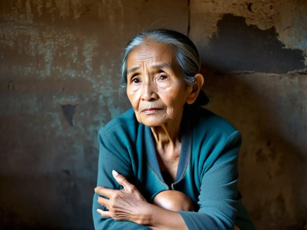 Una mujer mayor de minoría étnica, angustiada, abraza una foto desgastada en una habitación deteriorada