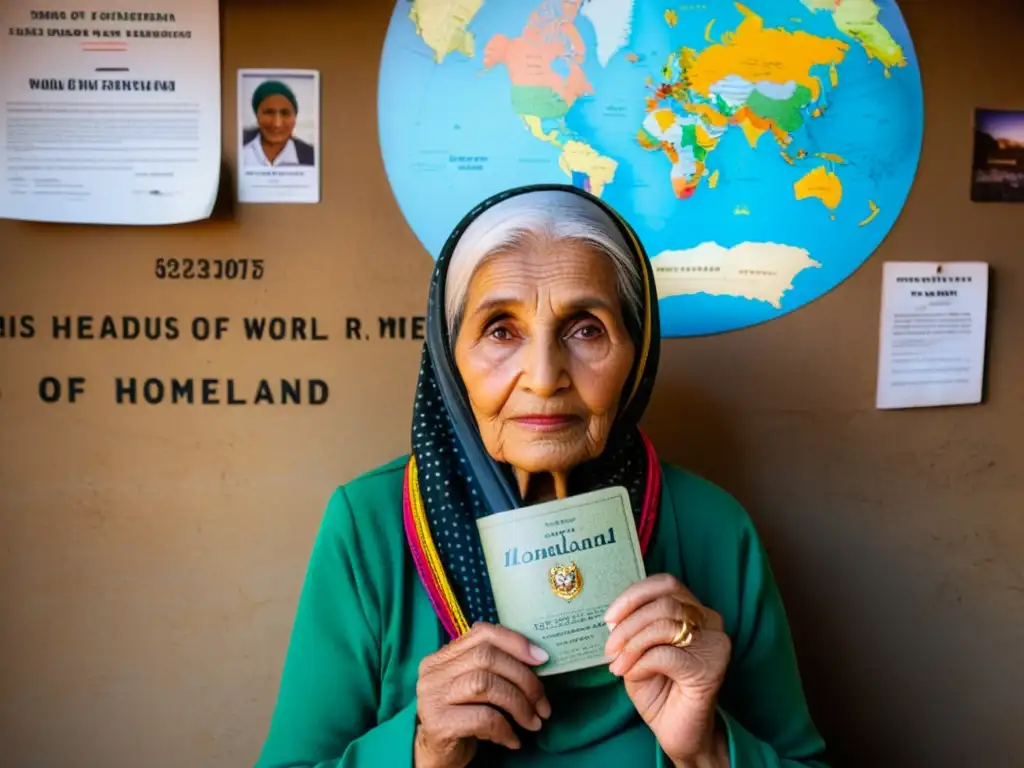 Una mujer mayor sostiene un pasaporte desgastado en una habitación tenue, rodeada de recuerdos de su tierra natal