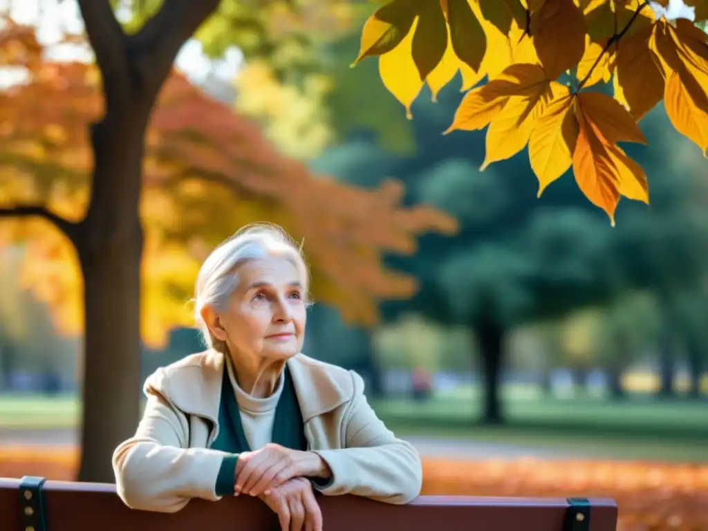 Una mujer mayor reflexiva en un parque otoñal, rodeada de hojas vibrantes