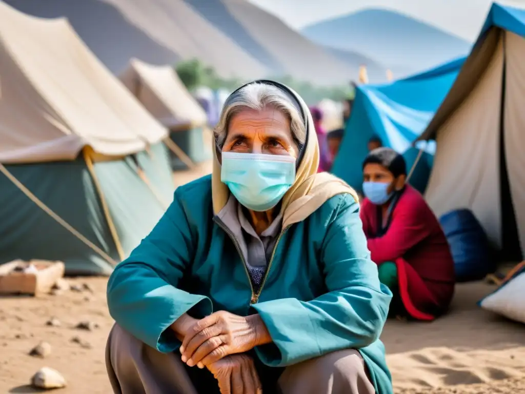 Una mujer mayor refugiada con mascarilla en un campamento abarrotado