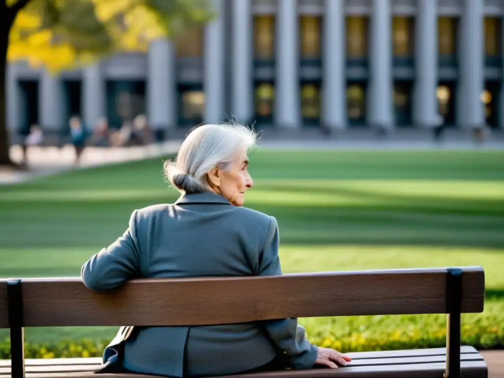 Una mujer mayor solitaria en un banco del parque, reflejando dignidad y fortaleza, con la ciudad ajetreada de fondo