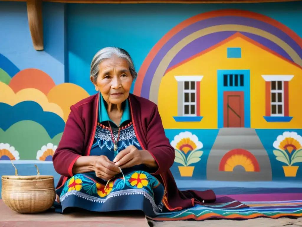 Una mujer mayor teje un textil vibrante frente a un mural colorido, mostrando el derecho a la cultura en pobreza