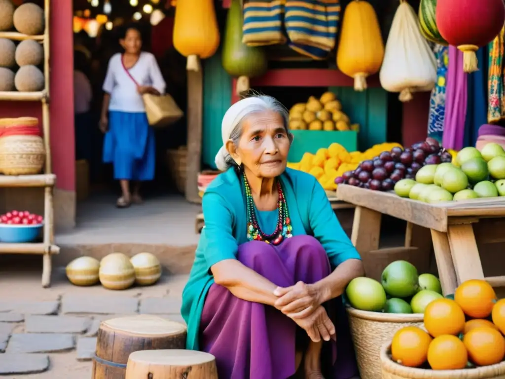 Una mujer mayor en traje tradicional reflexiona en un mercado vibrante, con frutas, textiles y artesanías