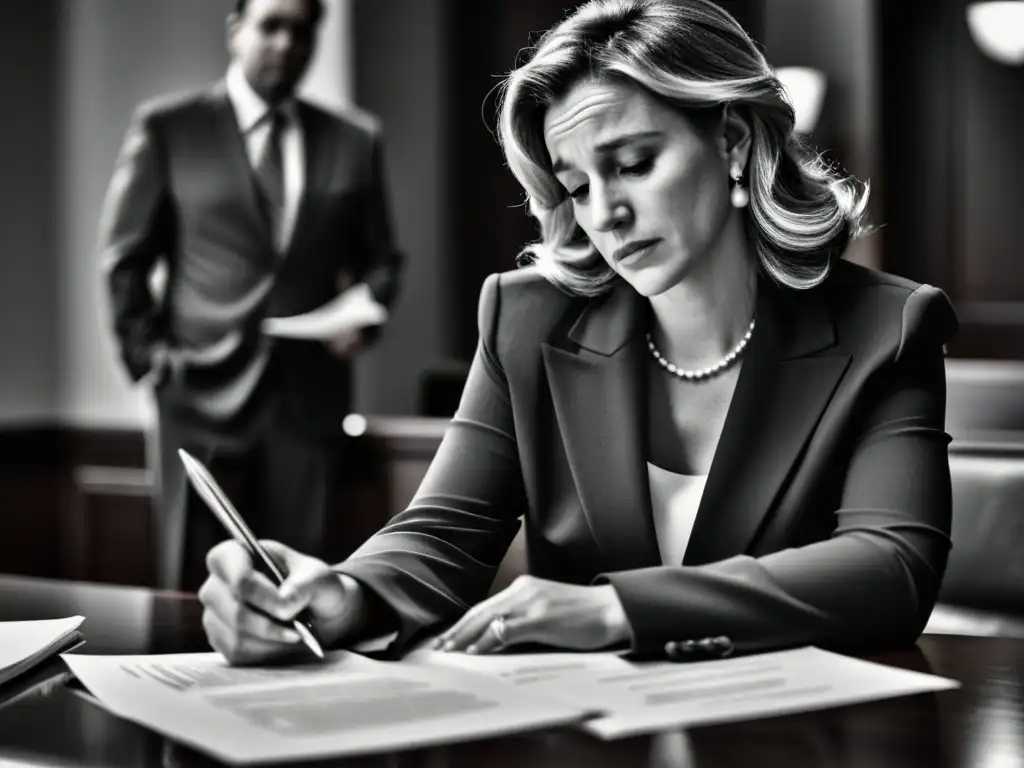 Una mujer firmando papeles de divorcio en la corte, mostrando alivio y determinación