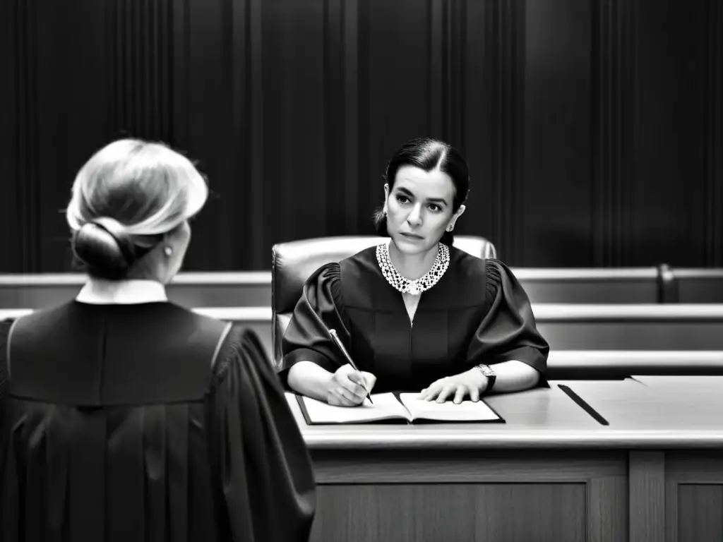 Una mujer firmando papeles de divorcio frente a un juez, mostrando determinación y empoderamiento en la sala de tribunal