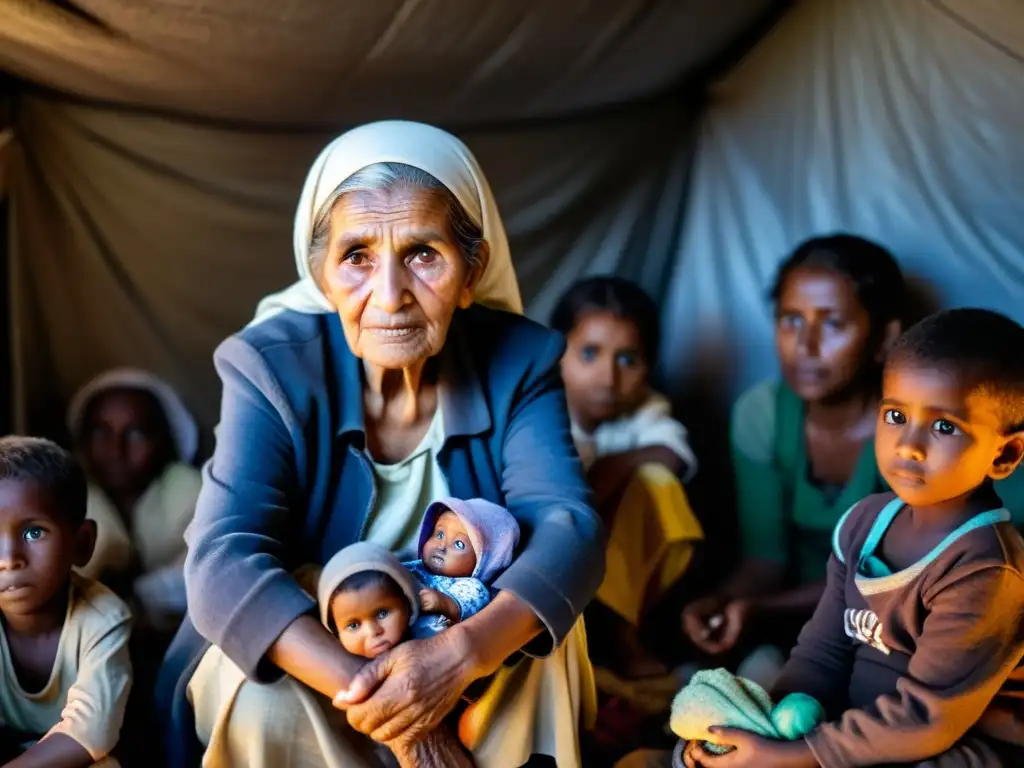 Una mujer refugiada anciana irradia fuerza en un refugio sobrecargado, mostrando la realidad de los refugiados en conflictos armados