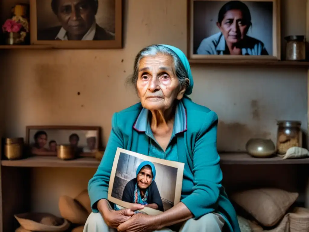 Una mujer refugiada de edad avanza con fuerza y dignidad, sosteniendo una foto desgastada