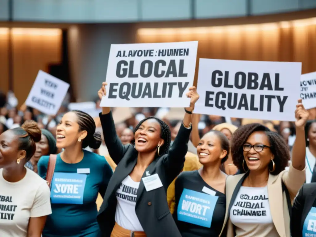 Mujeres activistas de derechos humanos globales unidas en conferencia, mostrando determinación y pasión por la igualdad de género y justicia social