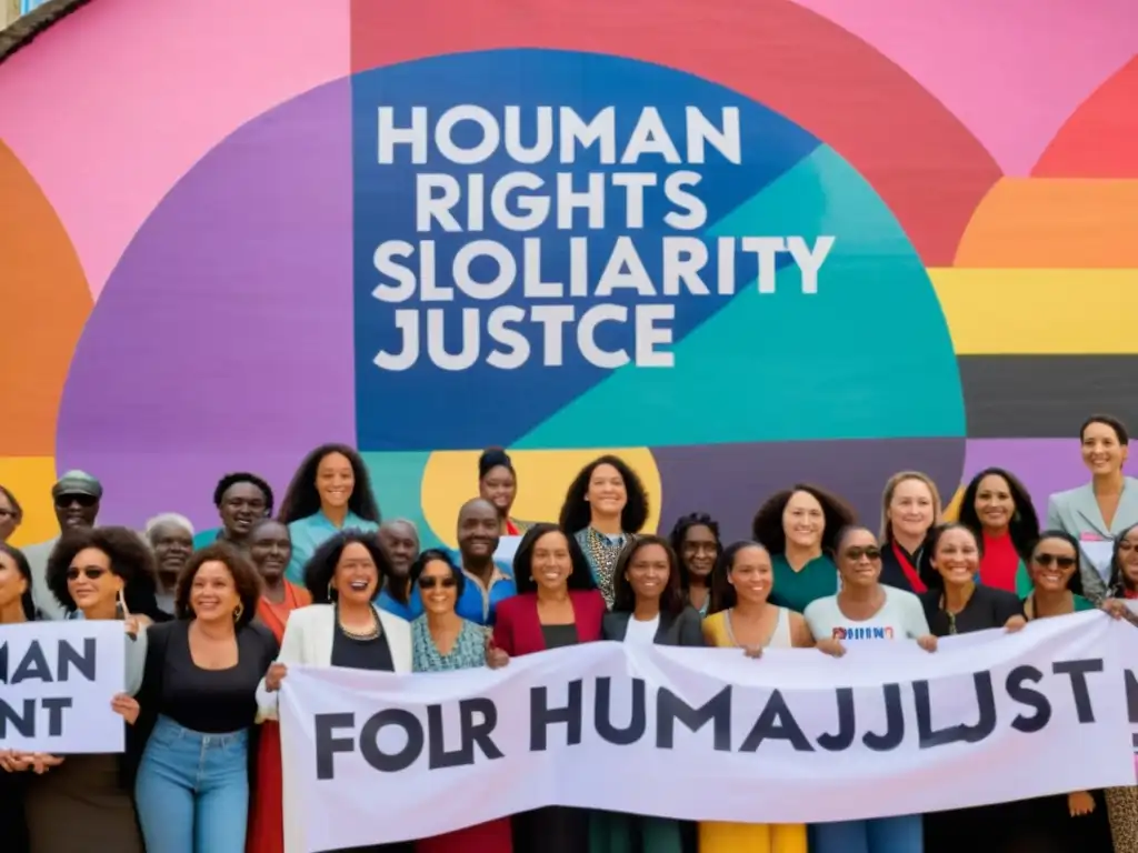 Mujeres activistas de derechos humanos globales de pie frente a un mural colorido, transmitiendo fuerza y determinación en su lucha por la igualdad y la justicia