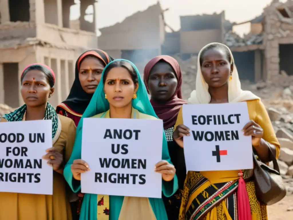 Mujeres activistas derechos humanos zonas conflicto: Grupo de mujeres resilientes en zona de guerra, unidas y determinadas, abogando por sus derechos