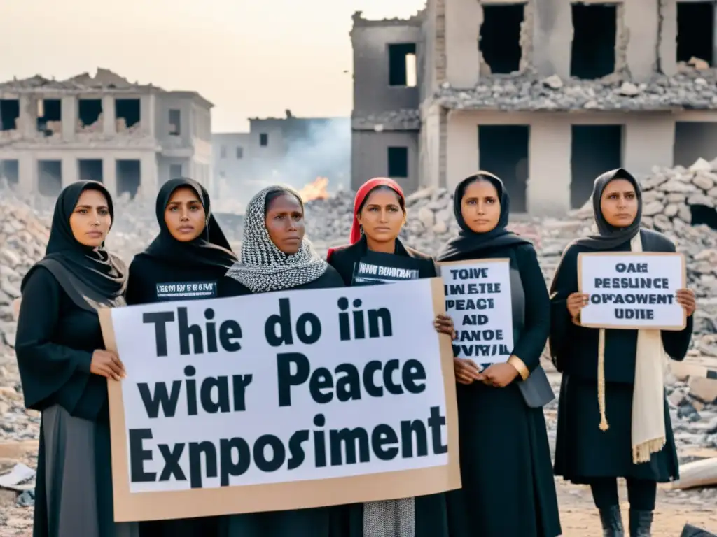 Mujeres activistas en zona de conflicto, expresando fuerza y esperanza