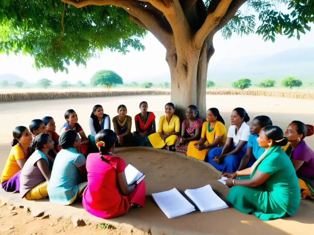 Mujeres en una aldea rural, colaborando con profesionales de microfinanzas bajo un árbol