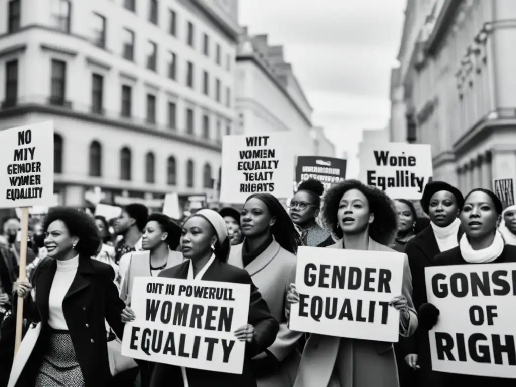 Diversas mujeres marchan en la calle, portando carteles por la igualdad de género