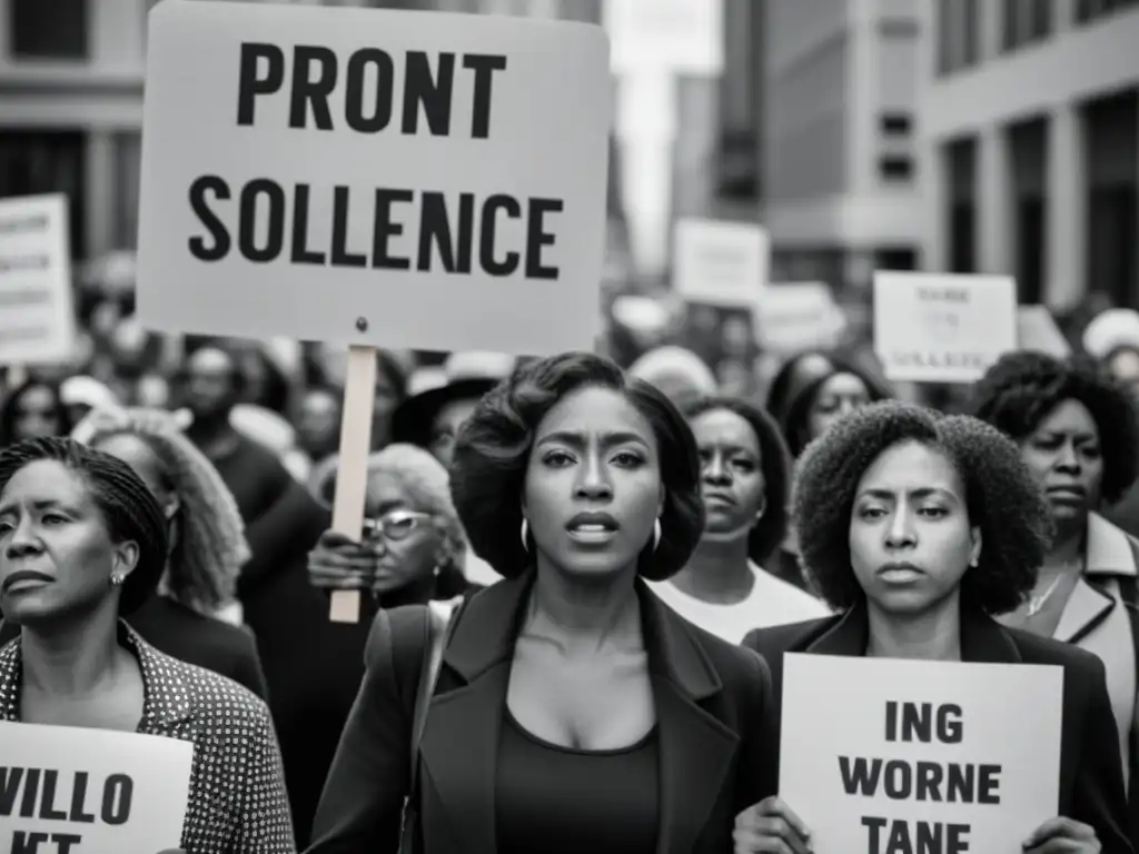 Mujeres protestando en la calle con determinación y fuerza, reflejando la lucha contra las violaciones de derechos humanos de género