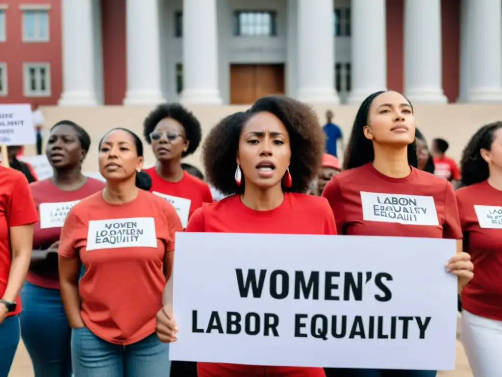 Manifestación de mujeres con camisetas rojas, pancartas y consignas por los derechos laborales y la igualdad de género