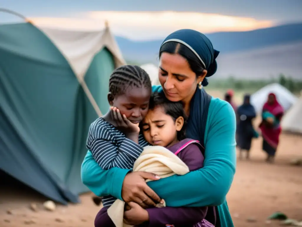 Mujeres en un campamento de refugiados consolándose ante la violencia de género, transmitiendo esperanza y fortaleza