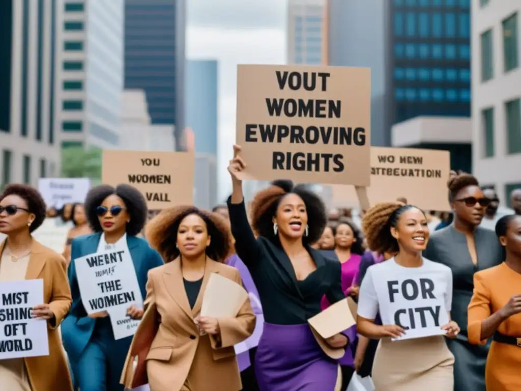 Manifestación de mujeres con carteles empoderadores por los derechos de la mujer, fusionando moda y feminismo en la ciudad