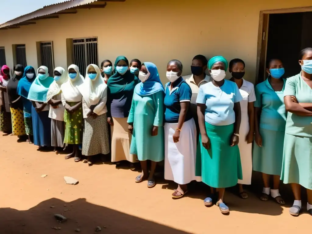 Mujeres esperan afuera de una clínica abarrotada usando mascarillas, reflejando el impacto de la pandemia en los derechos humanos y de género