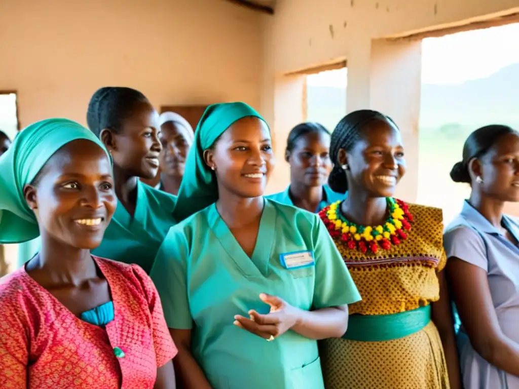 Mujeres unidas en una clínica rural, planificando la lucha por los derechos de salud sexual en zonas afectadas, con determinación y esperanza