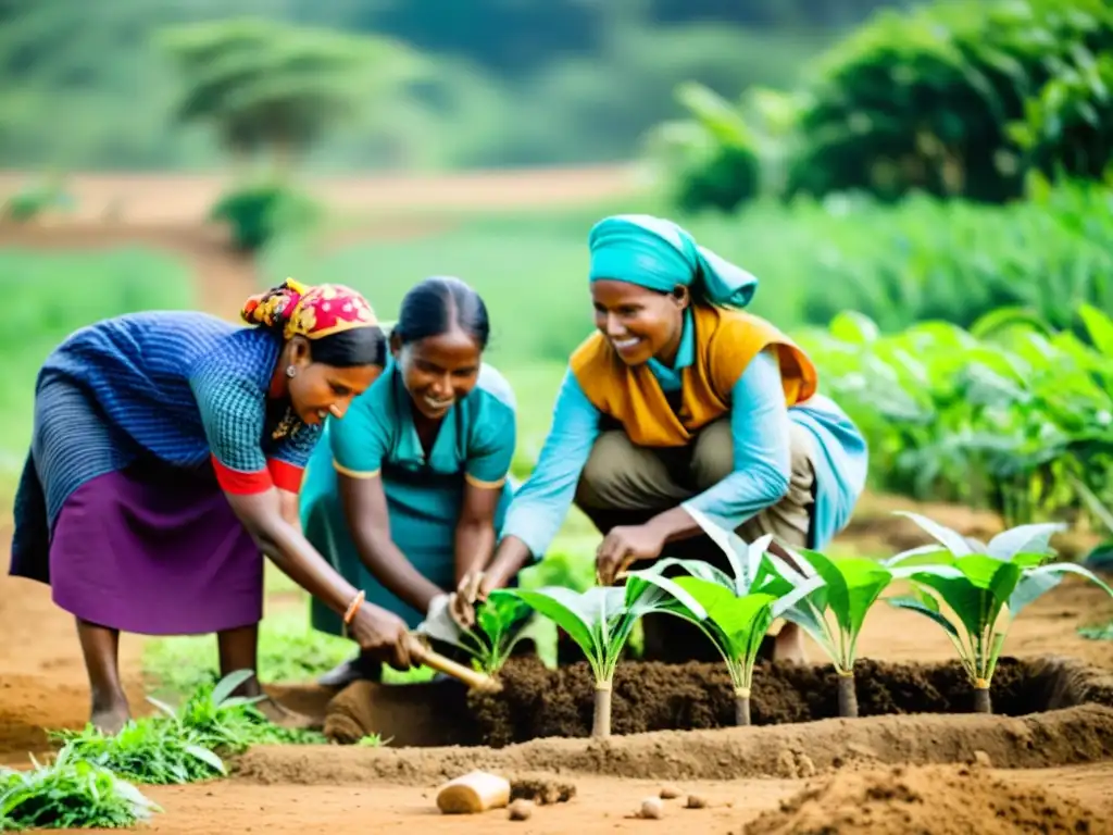 Mujeres en comunidad rural plantan árboles y construyen sistemas de riego sostenible para mitigar el impacto de género cambio climático