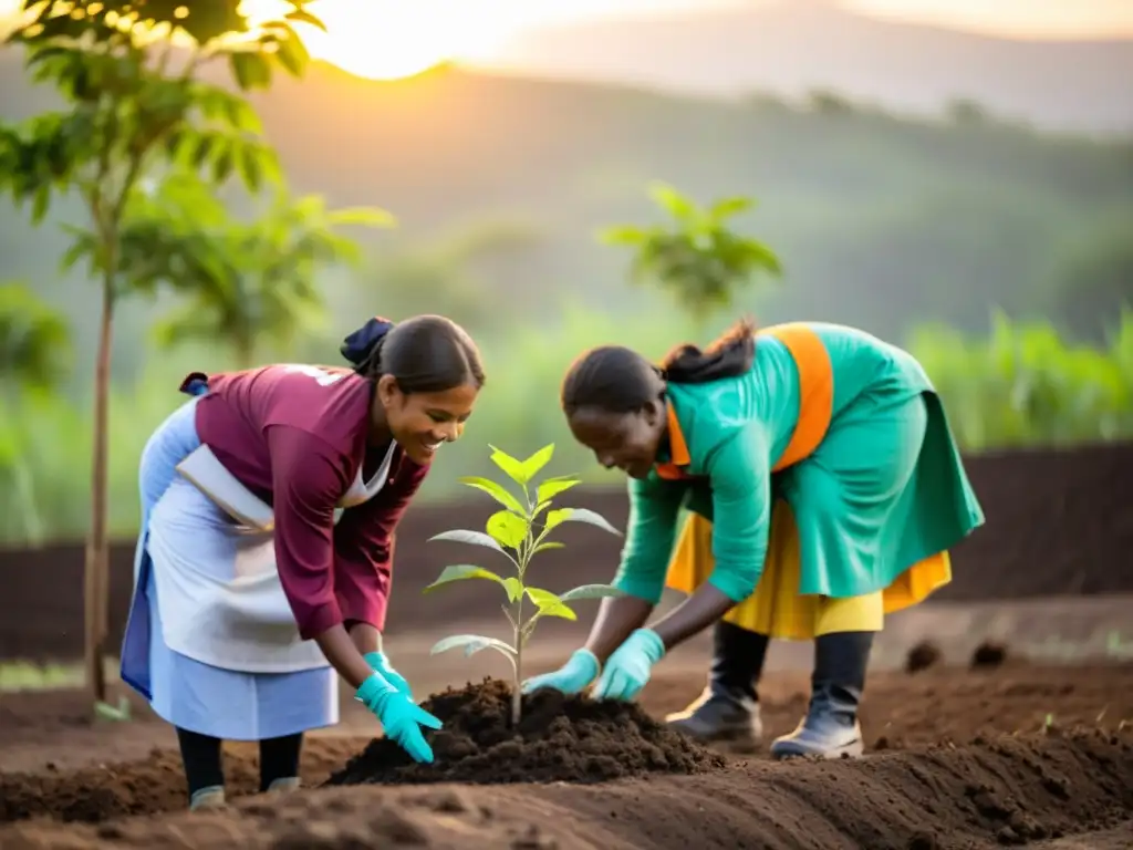 Mujeres de una comunidad vulnerable plantan árboles al atardecer, en un proyecto de reforestación