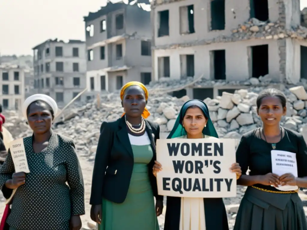 Mujeres en región en conflicto con determinación y resiliencia, abogando por derechos de género en medio de la devastación