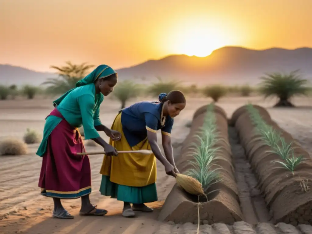 Resiliencia femenina: cultivando tierras áridas al atardecer Mujeres cultivando cosechas resistentes a la sequía al atardecer, mostrando su impacto diferencial ante el cambio climático