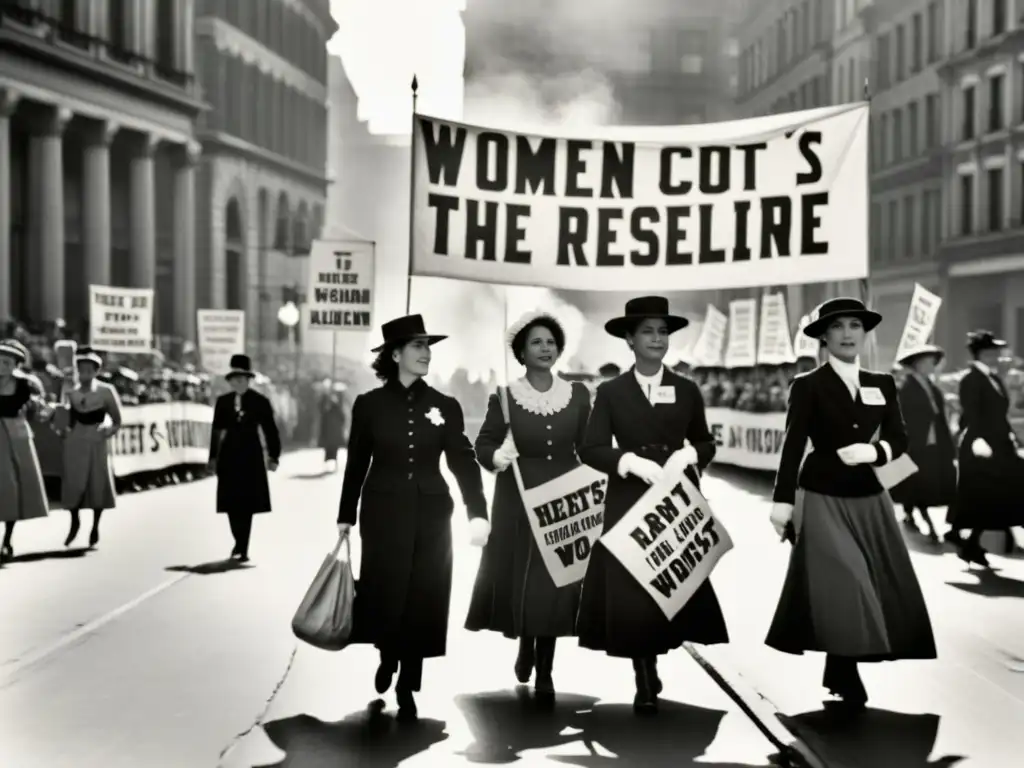 Mujeres marchando por los derechos en la ciudad del siglo XX