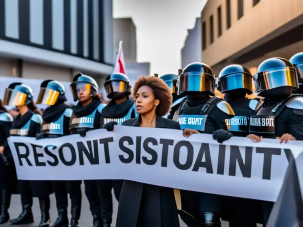 Mujeres desafiantes frente a la represión policial, expresando resistencia y empoderamiento