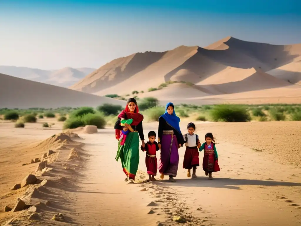 Mujeres yazidíes en un desierto, reflejando determinación y tristeza en su viaje por los derechos humanos