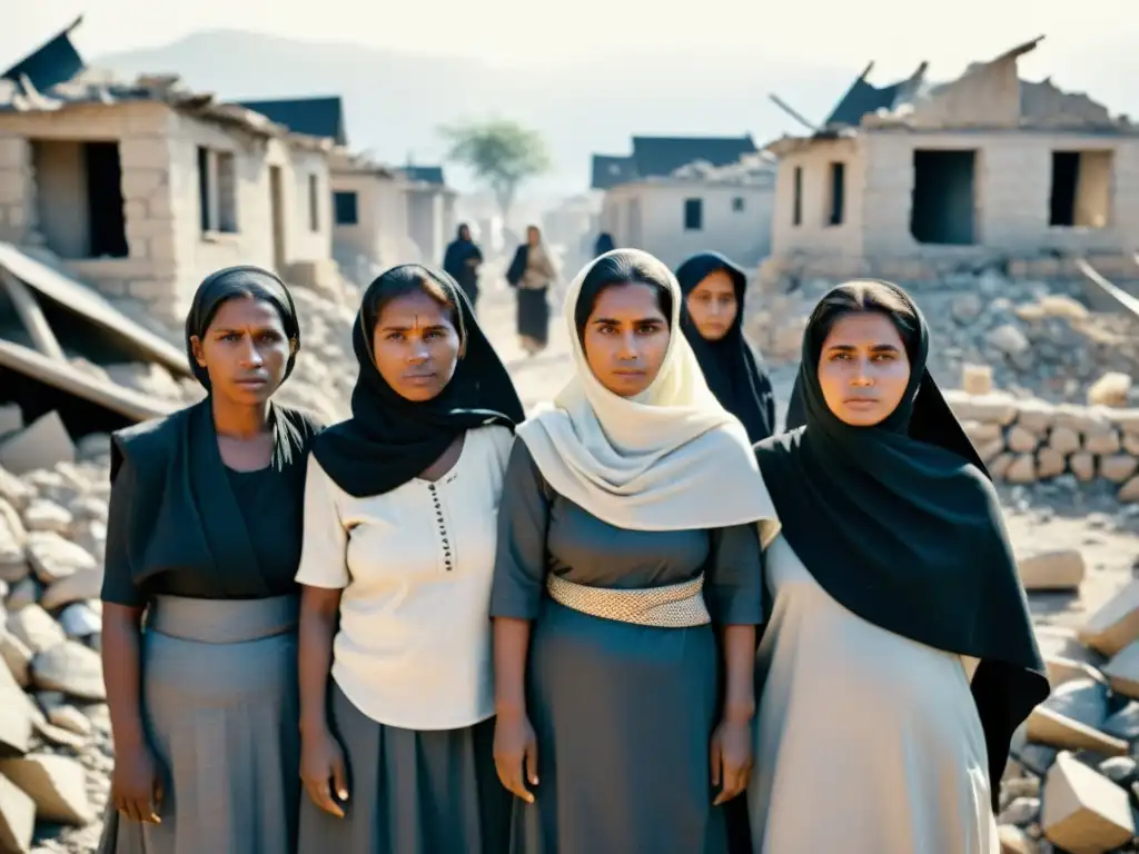 Mujeres determinadas en un pueblo destruido por la guerra, simbolizando el impacto de las guerras en mujeres