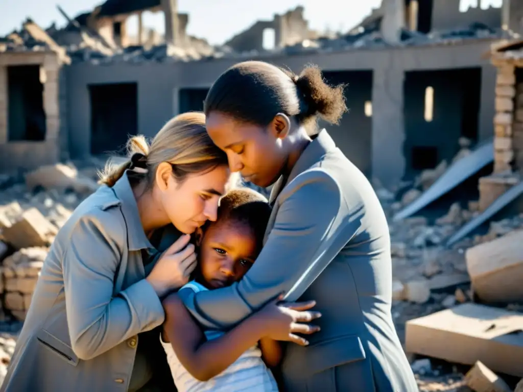 Mujeres en región devastada por la guerra, mostrando resiliencia y vulnerabilidad