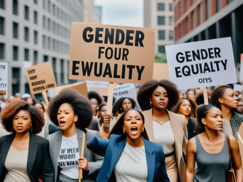 Manifestación de mujeres diversa con carteles por la igualdad y derechos de la mujer