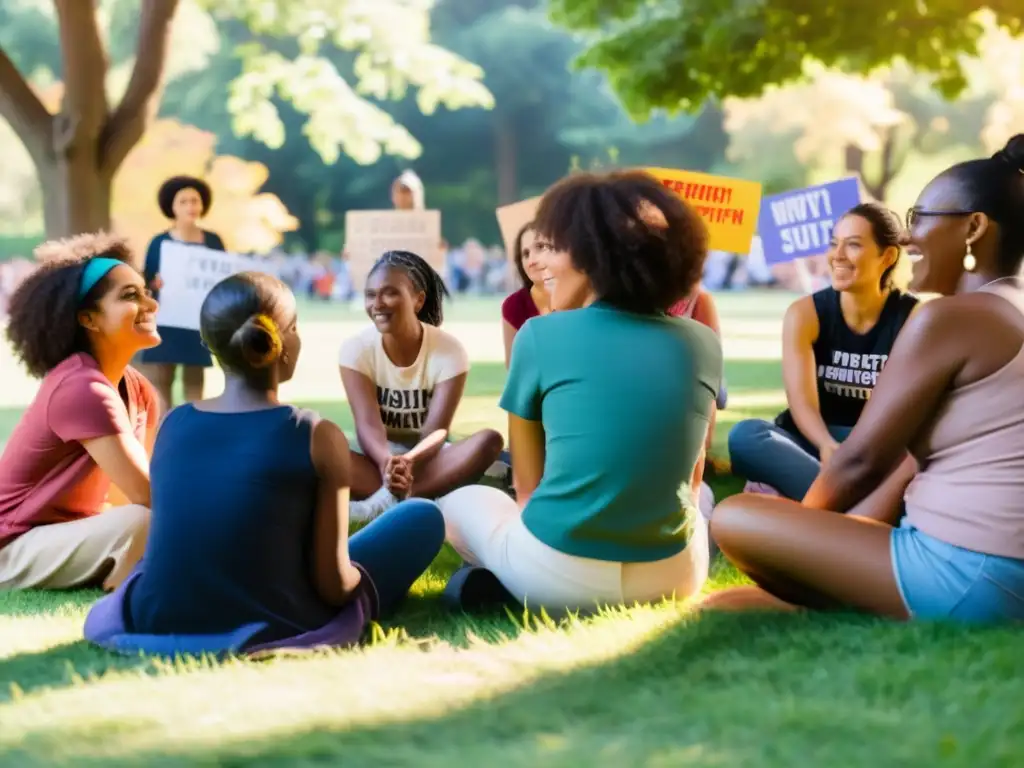 Conversación feminista: diversidad y empoderamiento en el parque Mujeres diversas discuten sobre activismo feminista en un círculo en el parque
