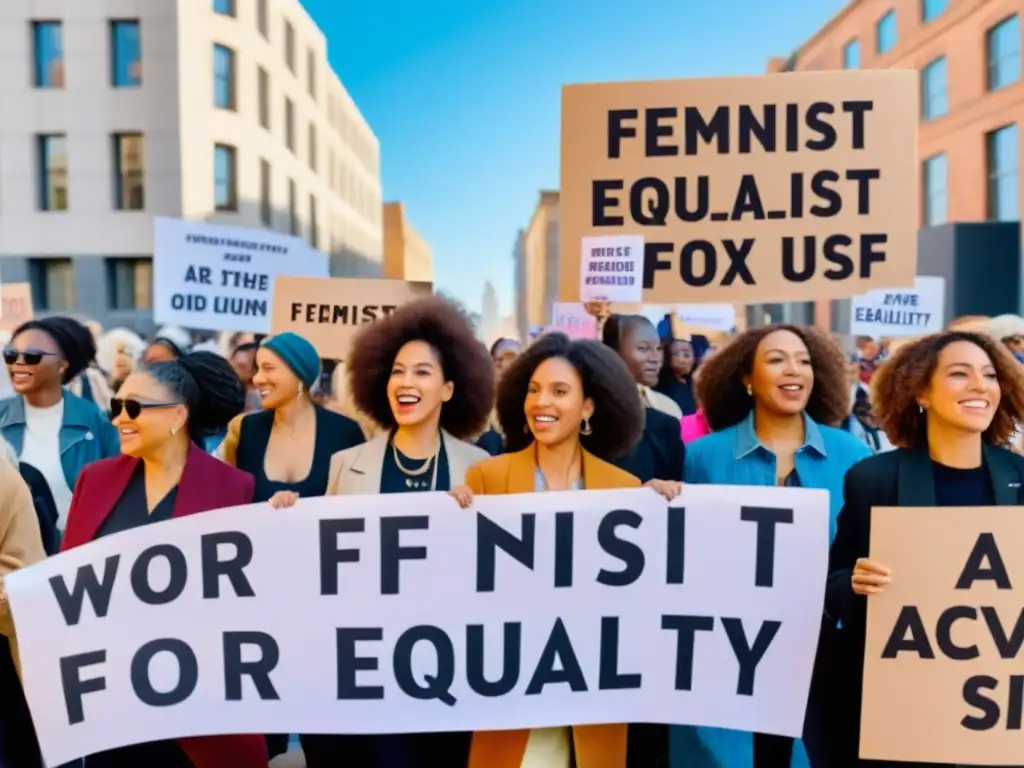 Manifestación de mujeres diversas con carteles feministas, uniendo fuerzas por la igualdad de género y el empoderamiento, en un contexto urbano